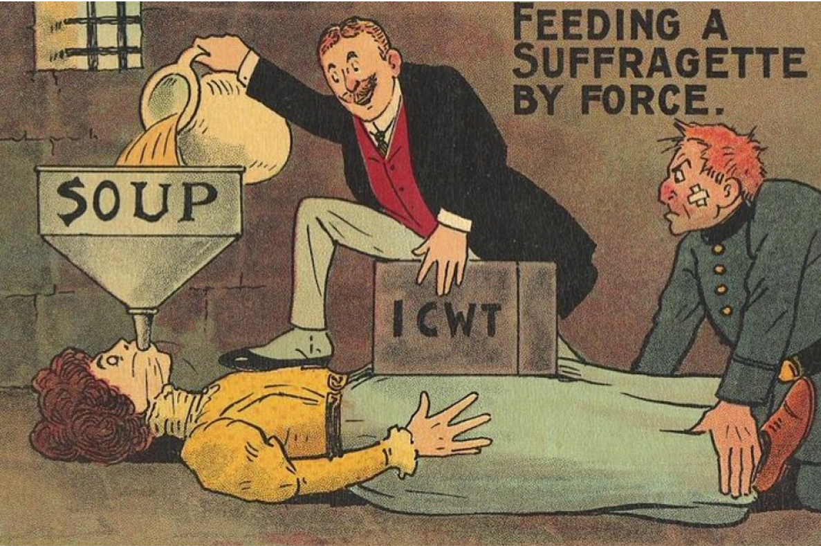 'Feeding a Suffragette by force' anti-suffragette postcard, c.191...