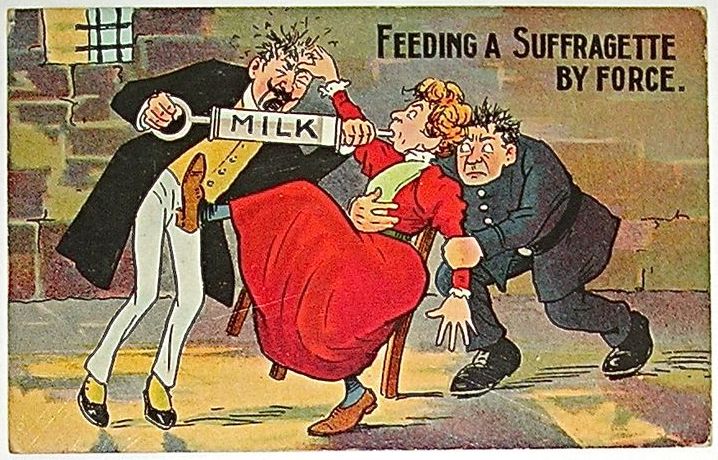'Feeding a Suffragette by force' anti-suffragette postcard, c.1910s