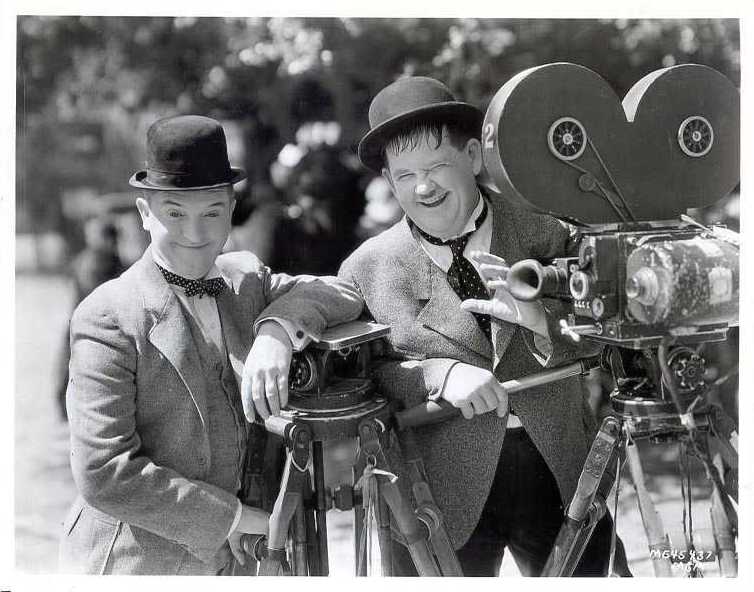 Laurel and Hardy in costume whilst shooting