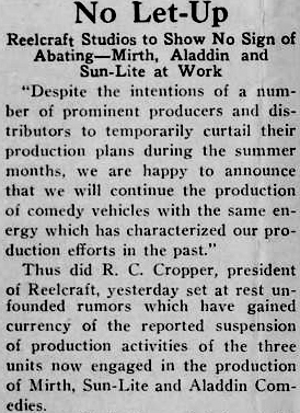 Reelcraft, US silent film studio, press cutting
