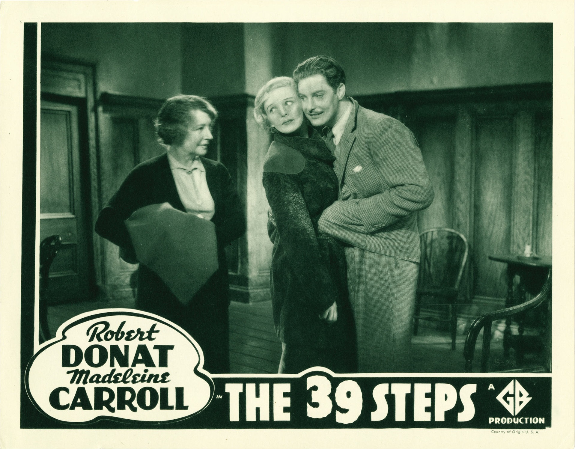 The 39 Steps (1935, dir. Alfred Hitchcock) US 1938 reissue lobby card, green variant