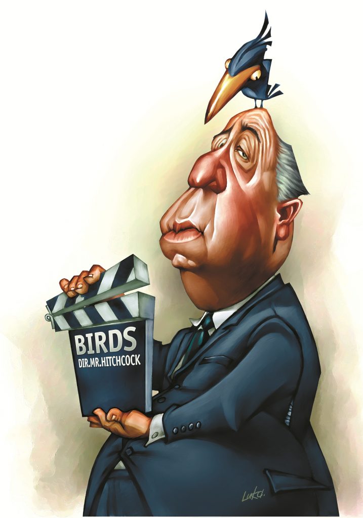 Alfred Hitchcock and The Birds caricature by Luka Lagator