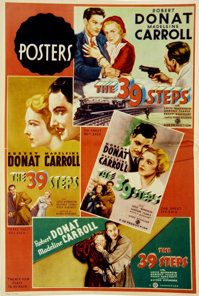 The 39 Steps (1935, dir. Alfred Hitchcock) US pressbook posters. This film was in the US public domain from 1964-1995.