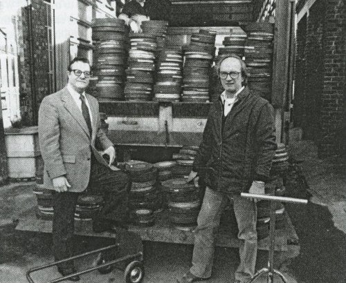 Rohauer (L) and David Gill of Photoplay Productions. Gill and Kevin Brownlow were accessing the Little Tramp's Mutual outtakes for The Unknown Chaplin documentary.