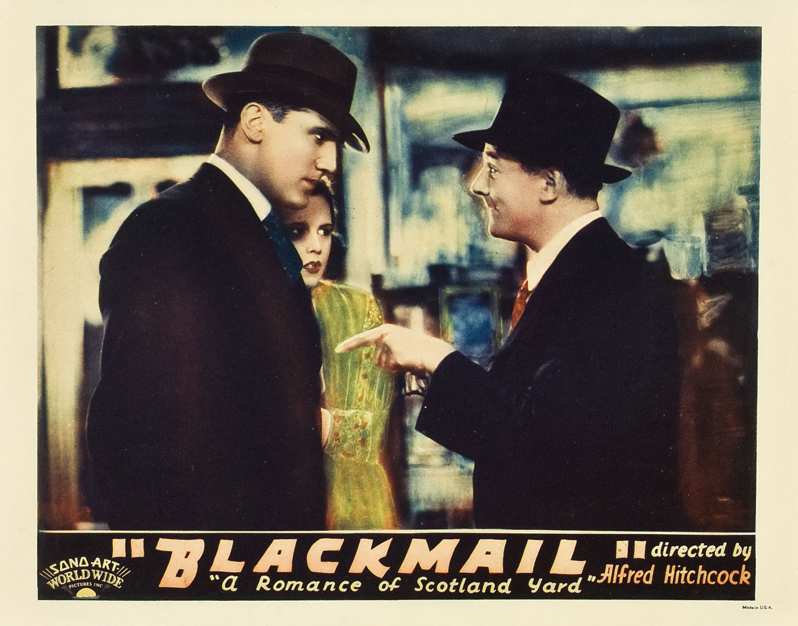 John Longden, Anny Ondra and Donald Calthrop in Blackmail (1929, dir. Alfred Hitchcock) US lobby card