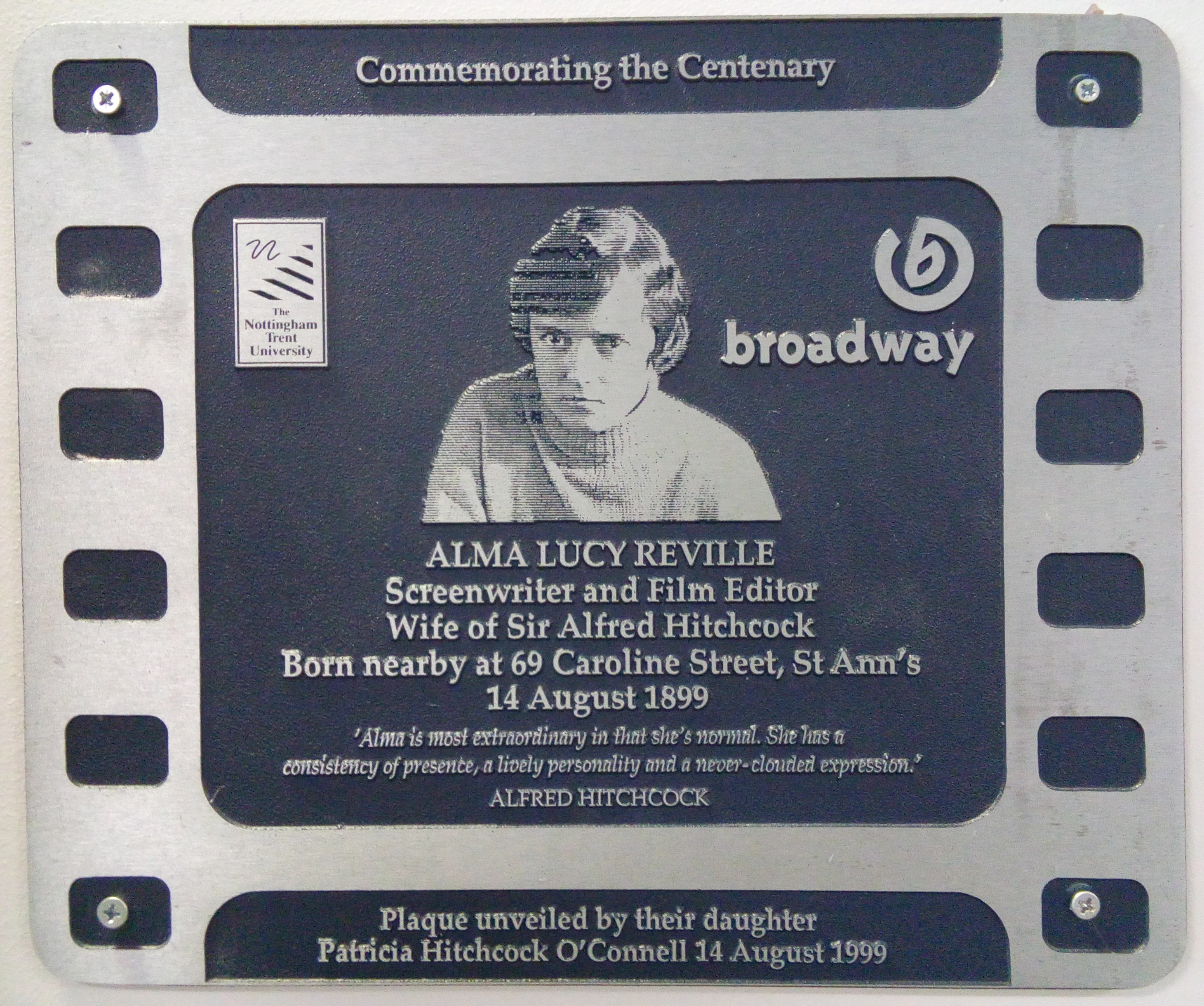 Alma Reville, wife of Alfred Hitchcock, Centenary of Cinema plaque, Nottingham, 1999. Copyright Brent Reid.