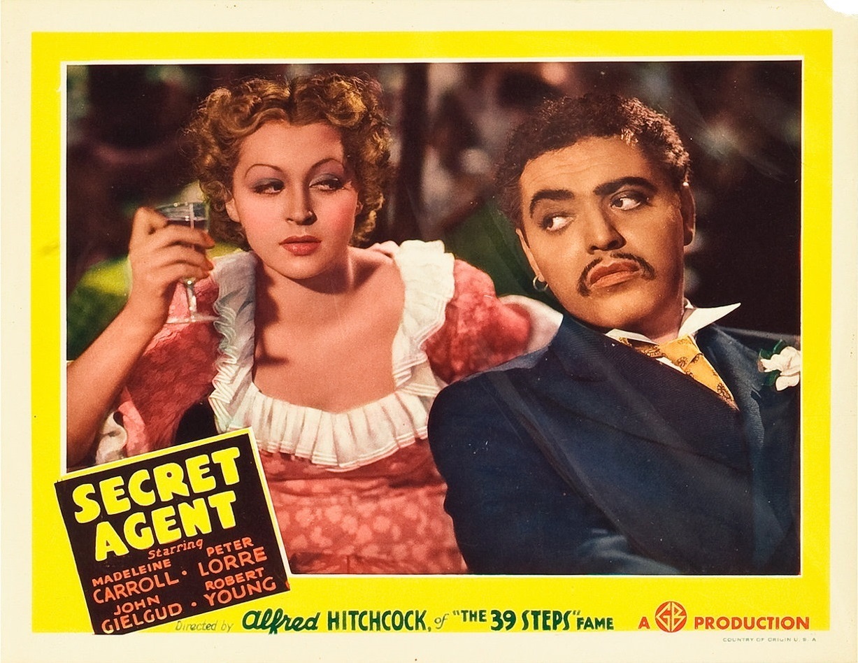 Lilli Palmer and Peter Lorre in Secret Agent (1936, dir. Alfred Hitchcock) US lobby card