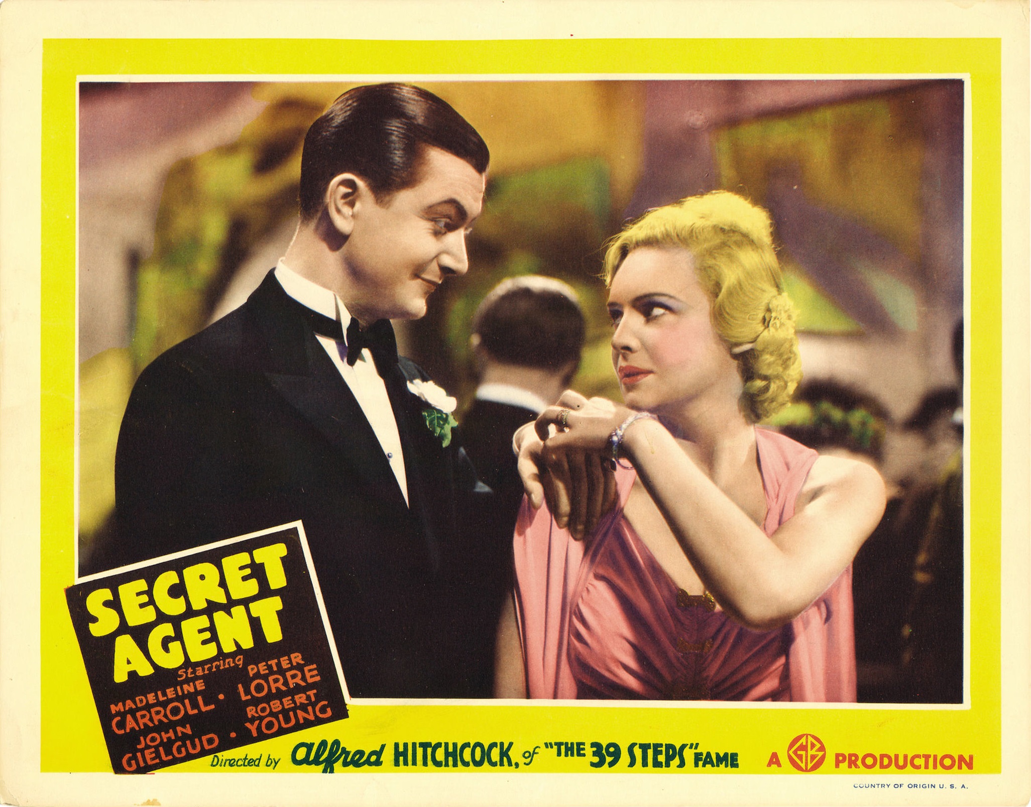Robert Young and Madeleine Carroll in Secret Agent (1936, dir. Alfred Hitchcock) US lobby card